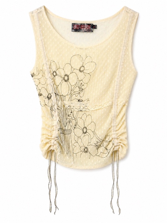Tops - Y2K Sheer Floral Mesh Ruched Tank Top Cream Size S HYPY HYPY